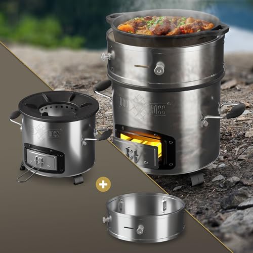 BBQ#BOSS Horno de Cohetes Barbacoa Holandesa Parrilla Plata Ø26cm + Anillo de Potencia Ajustable...