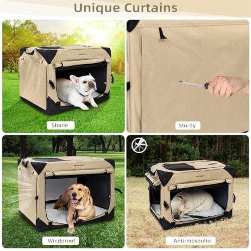 Pettycare 36 Inch Collapsible Dog Crate with Curtains Travel Dog Crate for Airflow and Calm Soft Pet Kennel with Portable Bag and More Chew Proof Mesh Indoor & Outdoor Beige 4 Door Curtains - Image 3