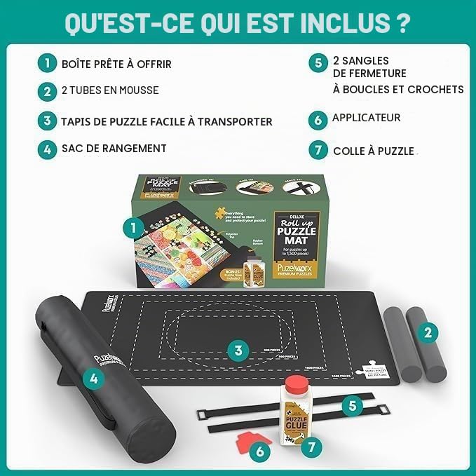 Puzelworx Tapis de Puzzle Enroulable pour Puzzles – 1500 pièces de Protection, économiseur, Organiseur, Fond en Caoutchouc antidérapant, Tube à Rouler en Mousse, Dessus en Polyester avec Sac de
