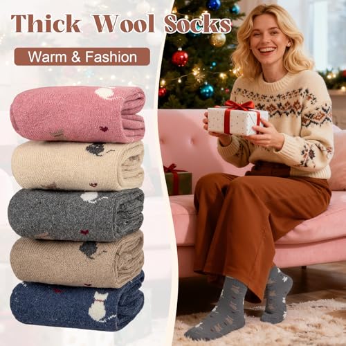 Image of Justay 5 Pairs Womens Wool Socks Thick Warm Winter Socks Casual Cozy Socks Vintage Knit Crew Socks Gift for Women