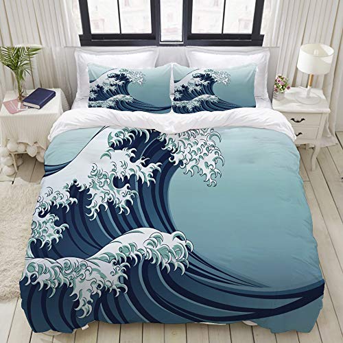 SDBUYW-ZQ Set Biancheria da Letto,Microfibra,Grande Onda Blu di Stile Giapponese Orientale del Giappone in Oggetto d'antiquariato Cinese d'Annata di Kanagawa,1 Copripiumino 200x200 + 2 federe