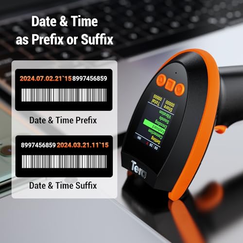 Image of Tera Barcode Scanner Wireless 2D with Stand: Pro Version Digital Setting Screen Keypad Works with Bluetooth 2.4G Wireless USB Wired Extra Fast Scanning Speed Handheld Bar Code Reader HW0009-Z