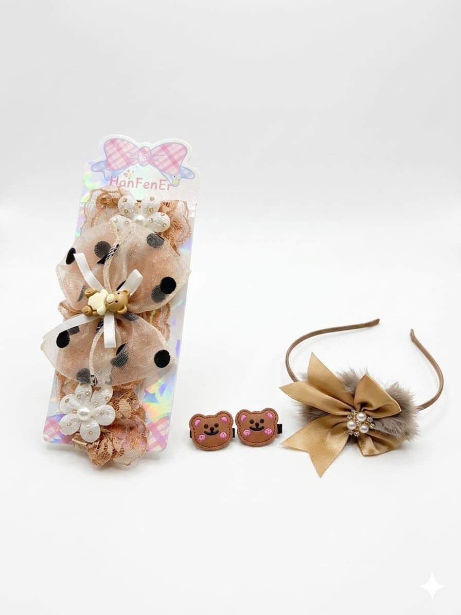 Aura Girls Hair Accessories Combo Set | Bow Headband, Teddy Bear Hair Clips & Lace Bow Clip | Cute Hair Accessories for Baby Girls, Kids & Toddlers | Birthday Gift (Brown)(Pack of 3), Brown-picture-10