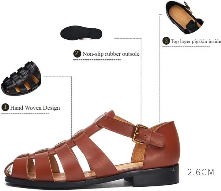 Men's Leather Hollow Flat Fisherman Sandals with Buckle Comfortable Round Toe Breathable Low Heel Non-slip Roman Sandals for Leisure, Work, Driving (White,12)2
