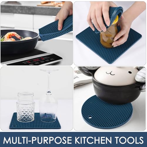 Image of Silicone Trivets for Hot Dishes, 4 PCS Multipurpose Heat Resistant Mat Thick Silicone Hot Pads Pot Holders for Kitchen Counter, Flexible Jar Opener Food Grade Spoon Holder, Indigo Coasters