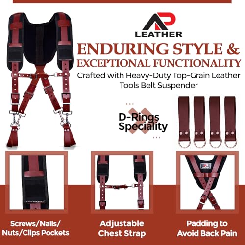 AP Leather Tool Belt Suspenders Heavy Duty Leather – Padded Back Support Work Suspenders for Men with 4 Swivel Snap Hooks, Fully Adjustable Harness for Carpenters, Electricians, Plumbers by AP LEATHER - Used condition - Image 2