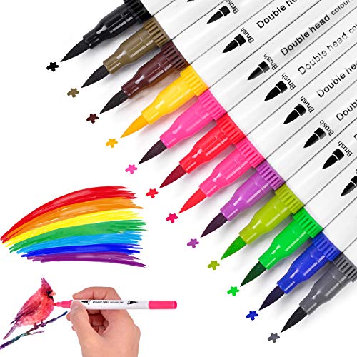 12 Colors Coloring Markers pens Set Artist Dual Tip Markers and Brush Highlighter Watercolor Markers Pens for Adult and Children Kids Coloring Books Calligraphy Pen Back to School Gifts JUWINEN