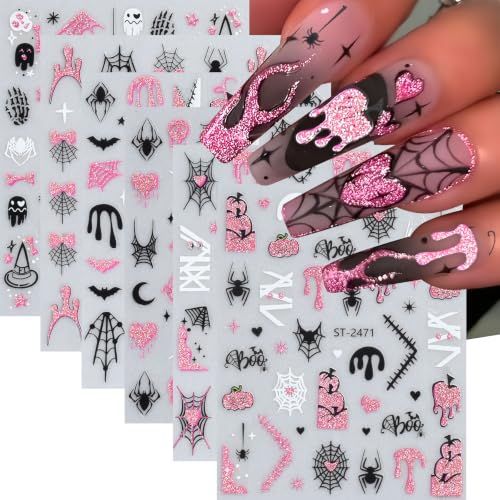 6Sheets Halloween Nail Stickers 3D Self-Adhesive Spooky Ghost Nail Decals Glitter Pink Blood Drop Skull Pumpkin Nail Design Spider Nail Art Stickers Halloween Spider Web Nail Decoration for Women DIY