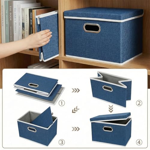 Image of PRANDOM Storage Bins with Lids [3-Pack] Linen Fabric Foldable Storage Boxes Organizer Containers Baskets Cube with Cover for Bedroom Closet Office Royal Blue（11.4X8.6X6.7