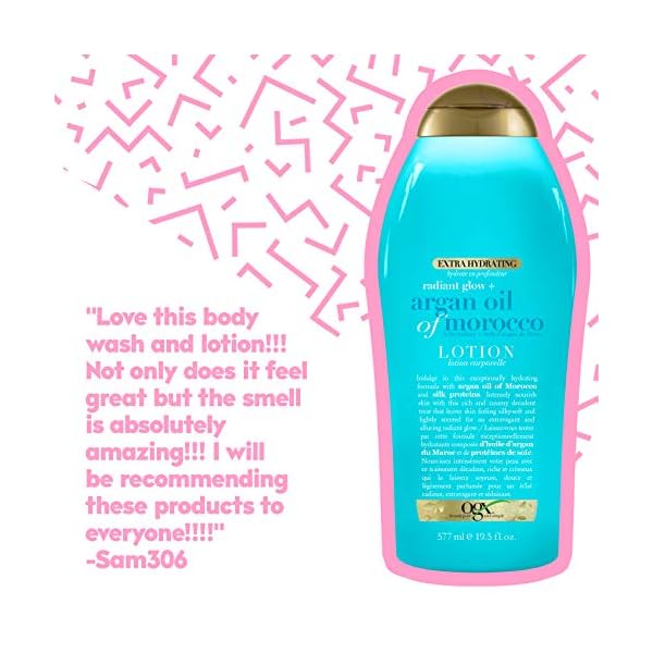 OGX Radiant Glow + Argan Oil of Morocco Extra Hydrating Body Lotion for Dry Skin, Nourishing Creamy Body & Hand Cream for Silky Soft Skin, Paraben-Free, Sulfated-Surfactants Free, 19.5 fl oz