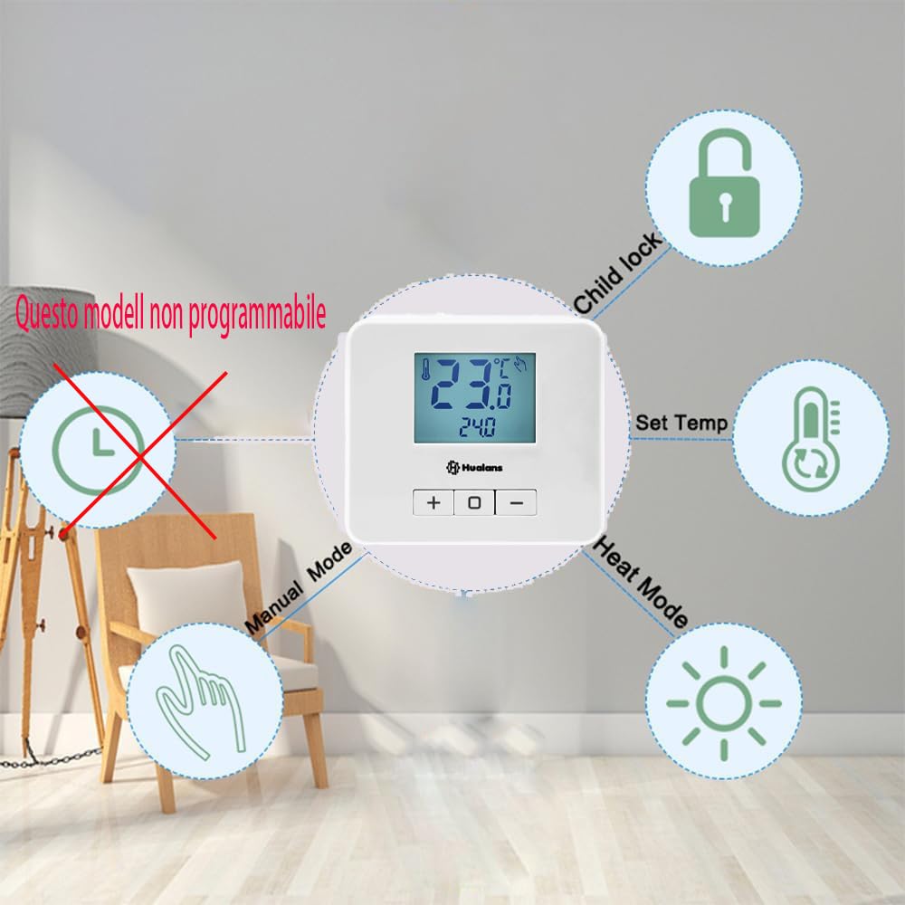 Thermostat d'ambiance non programmable, thermostat à piles pour chaudière à gaz - Mode confort, économique et antigel - Installation facile et verrouillage enfant - Alimentation par batterie (2 x AA)