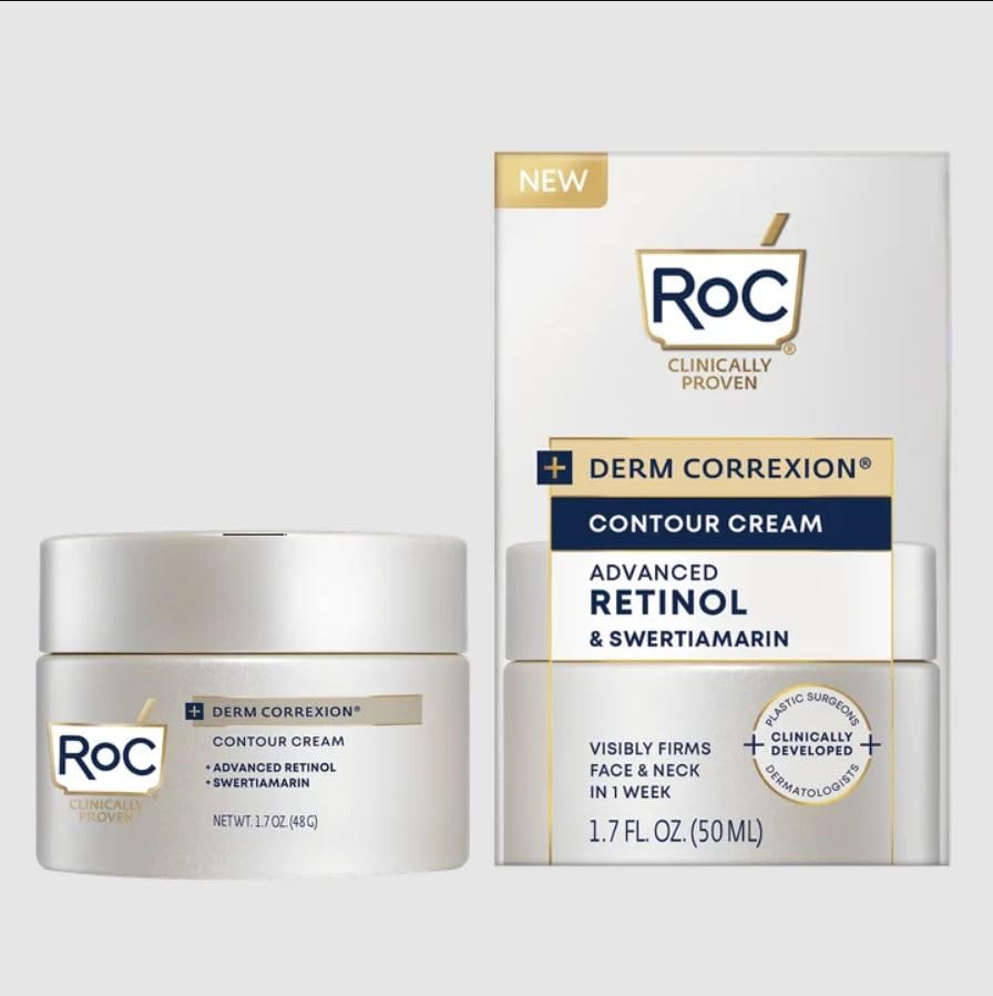 RoC Derm Correxion Face and Neck Contour Cream, Anti-Aging, Firming and Lifting, 1.7oz, With Retinol and Hyaluronic Acid, For Normal and Mature Skin, Fragrance-Free