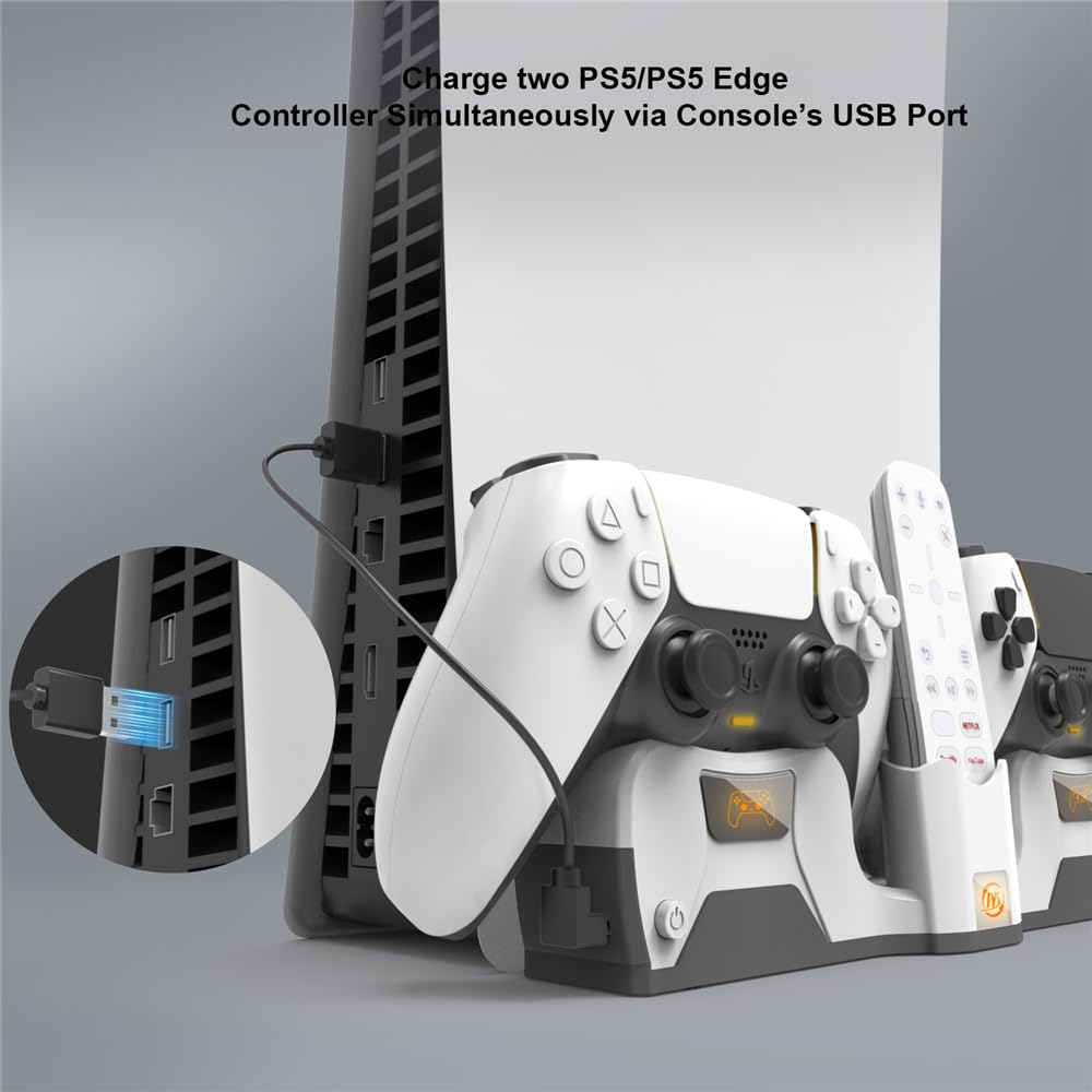 Soporte de pared consola de élite para PS5/PS5, soporte de pared de carga para mando doble con cable de carga magnético 2 en 1 y colgador de auriculares