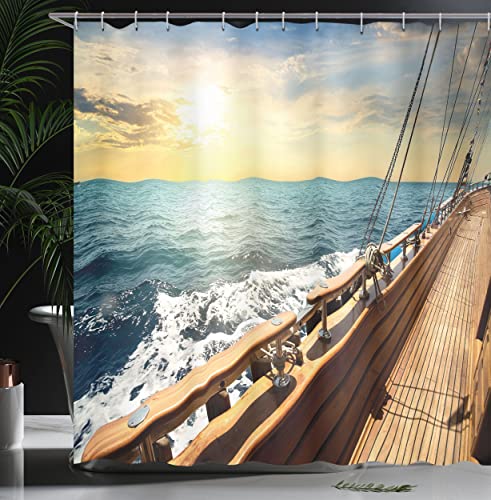 ABAKUHAUS Nautical Shower Curtain, Sailboat in Mediterranean Waves at Sunset Sky Relax Yacht Wind Relax Scenery - Image 3