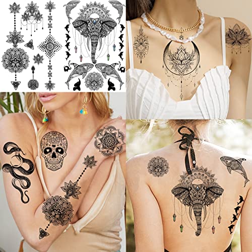 Joehapy 31 Sheets 87+ Pcs Indian Black Temporary Tattoos For Women Girls Arm, 3D Bohemia Lotus Tribal Skull Lion Elephant Tattoo Stickers Adults, Feather Moon Snake Fake Tattoos That Look Real And Last Long #TOP1