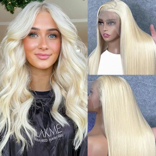 Image of 26 Inch Platinum Blonde Lace Front Wig Human Hair 13x6 HD Transparent Lace Frontal Pre Plucked 180% Density Wear and Go Glueless Wigs 6 Inch Deep Parting Brazilian Real Remy White Blonde Wig for Women