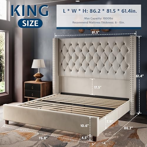Jocisland King Size Bed Frame with 61.4'' Tall Headboard, Velvet Upholstered Wingback Platform Design, Handcrafted Pleats& Deep Button Tufted, No Box Spring Needed, Cream