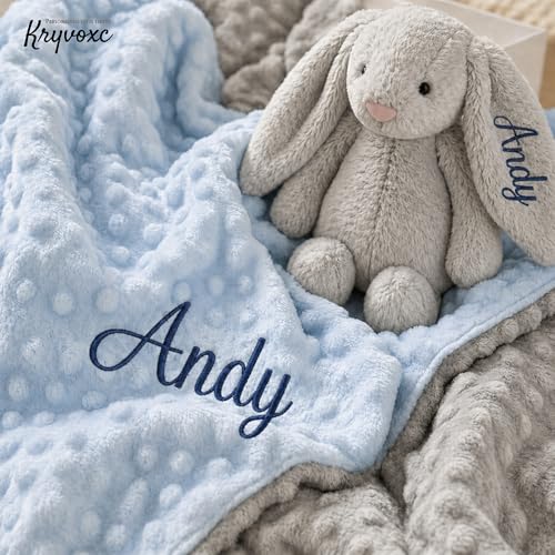 Image of Personalized Baby Blanket and Plush Bunny Set, Custom Baby Blankets and Rabbit with Name, Personalized 2 in 1 Gift Set for Boy Girl Toddlers, Minky Dot Swaddle, Gift Set for Showering, Birthday