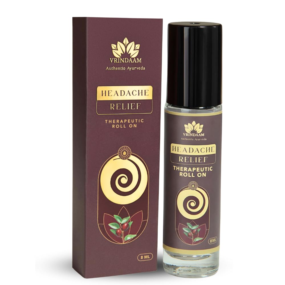 Vrindaam Ayurvedic Headache Relief Roll-On | Natural Therapeutic Oil Blend for Quick Headache & Stress Relief | Cooling & Relaxing Aroma | Easy-to-Use Roll-On – 8ml