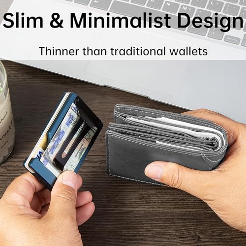 Image of Minimalist Carbon Fiber Wallet for Men, Money Clip Cash Strap Wallet, RFID Blocking Metal Wallet Aluminum Card Holder,Front Pocket Wallet(Matte Navy)