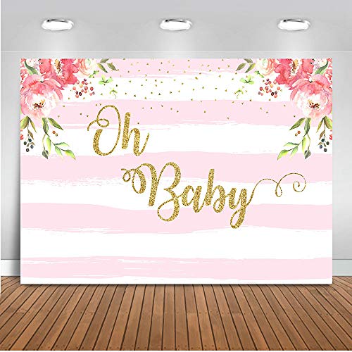 Mocsicka Oh Baby Striped Floral Backdrop 7x5ft Vinyl Pink and White Striped Floral