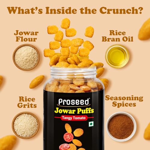 Image of Proseed Jowar Puffs (Spices & Tangy Tomato) | 150g x 2 Packs (Total 300g) | Slow Roasted & 100% Veg | No Refined Flour, Sugar & Trans-Fat | Gluten Free | No Palm Oil | Healthy Millet Snacks