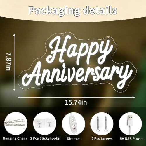 Image of Happy Anniversary Neon Sign - 15.75 inch Dimmable LED Wall Decor Light, USB Romantic Gift for Couples,Business Celebrate Banner,Party Wedding Anniversary Decorations White