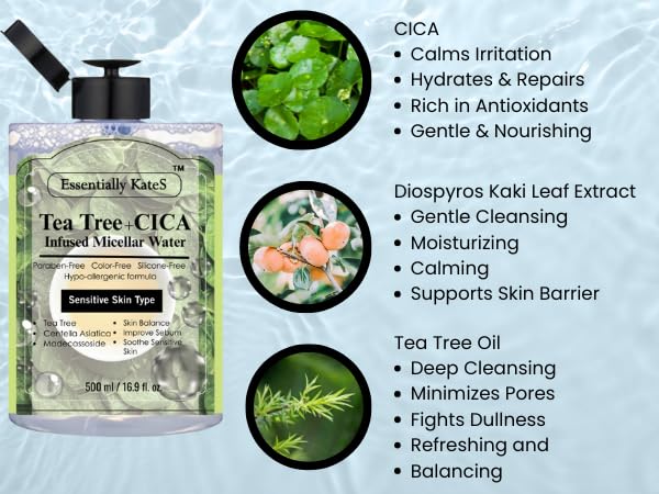 Essentially KateS Makeup Remover Micellar Cleansing Water 16.9 Fl Oz with Hyaluronic Acid & Tea Tree, Hydrating and Suitable for Sensitive Skin - Eyes+Face+Lips - Korean Skin Care - Image 3