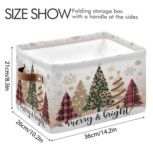 Image of Christmas Tree Golden Leopard Storage Basket with Waterproof Liner and PU Handles Winter Cheetah Snowflake Storage Boxes 14.2 inch Collapsible Decorative Organizer Baskets for Bedroom Closet Office 2 Pack