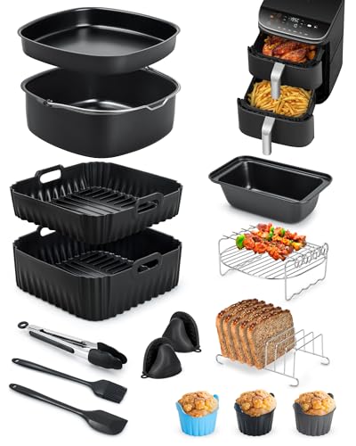 15-Teiliges Heißluftfritteuse Zubehör für COSORI Turbo Tower Pro 10 8L 2 Kammern(6 5L/4 3L) Inklusive 2 Stück Airfryer Silikonform Kuchenteller Pizzaplatte Brotform Muffinform usw Zubehör