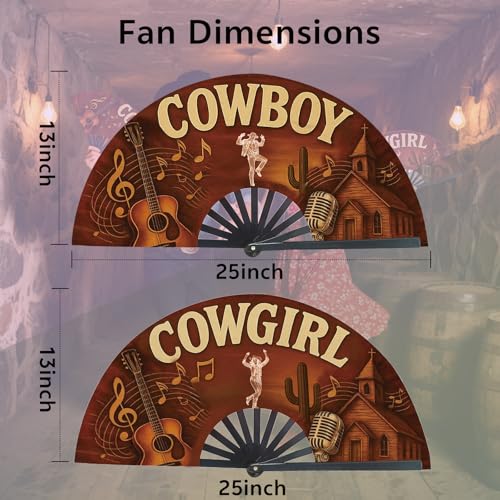 Image of 2PCS Fans for Line Dancing, Cowgirl&Cowboy 13inch Large Hand-held Flat Fan Western Style Popping Fan for Party, Festival, Club, Dancing