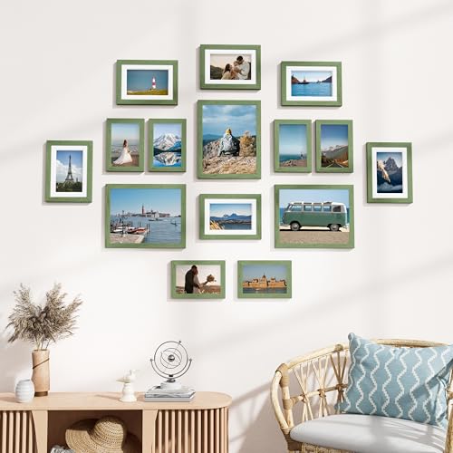 Image of Vittanly 15 Pack Picture Frames Collage Wall Decor for Mounting or Tabletop Display, Gallery Frame Set for Family, Multi Sizes Including 3pcs 8x10, 6pcs 5x7, 6pcs 4x6, Rustic Green