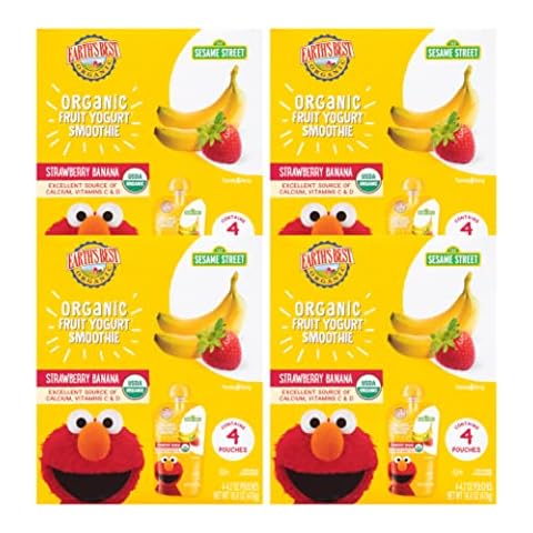 Earth's Best Organic Kids Snacks, Sesame Street Toddler Snacks, Organic Fruit Yogurt Smoothie for Toddlers 2 Years and Older, Strawberry Banana, 4.2 oz Resealable Pouch (Pack of 16) Cover