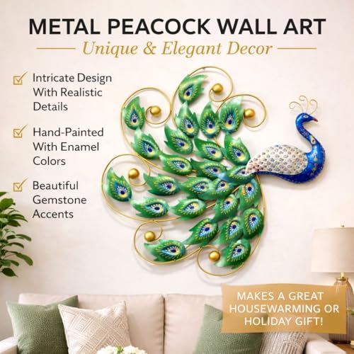 Image of SHREE 'O' GREEN TECH Metal Modern Handcrafted Peacock Leaf Wall Art | Multicolor Big Wall Hanging Decor Frame for Living Room Bedroom Office (Size 30x30 Inch)