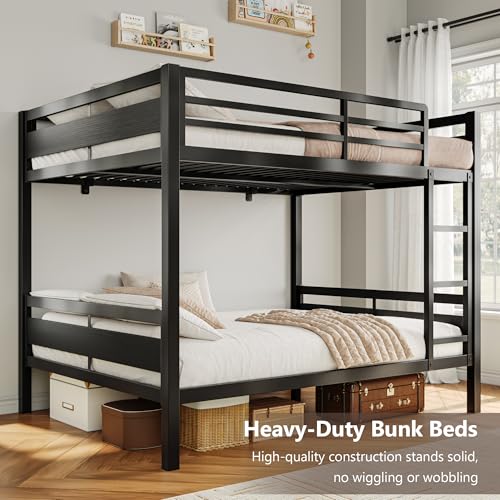 Image of iPormis Metal Bunk Bed Full Over Full, Heavy Duty Bunk with High Guardrail and Safety Entrance Design, Under-Bed Storage Space, Easy Assembly, Noise Free, Black