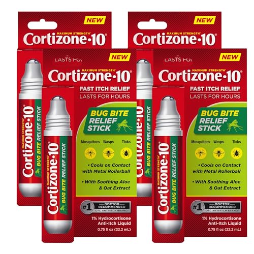 Cortizone-10 Maximum Strength Itch Relief Bug Bite Relief Stick 1% Hydrocortisone Fast-Acting Anti-Itch Liquid for Bug Bites Rash Eczema Psoriasis Poison Ivy Oak Sumac .75 fl. oz 4 pk