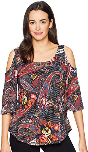 ECI New York Women's Cold Shoulder Blouse, Black/red, S