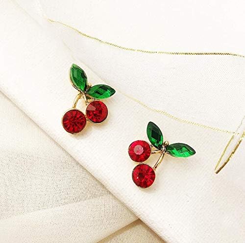 18K Gold Plated Elegant Shining Green Emerald Leaf Ruby Red Cherry Stud Earrings