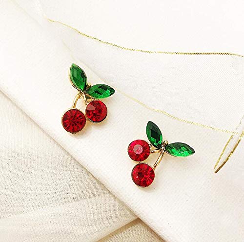 18K Gold Plated Elegant Shining Green Emerald Leaf Ruby Red Cherry Stud Earrings #TOP2
