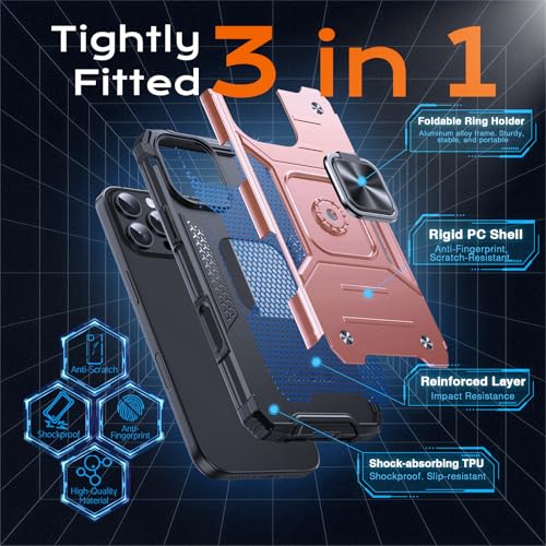 Image of Anqrp Heavy Duty Case for iPhone 16 Pro Case with Enhanced Ring Holder Grip Stand, Military Grade Shockproof Rugged Drop Protective Silicone Hard Slim iPhone 16 Pro Phone Case Cover,Pink Gold