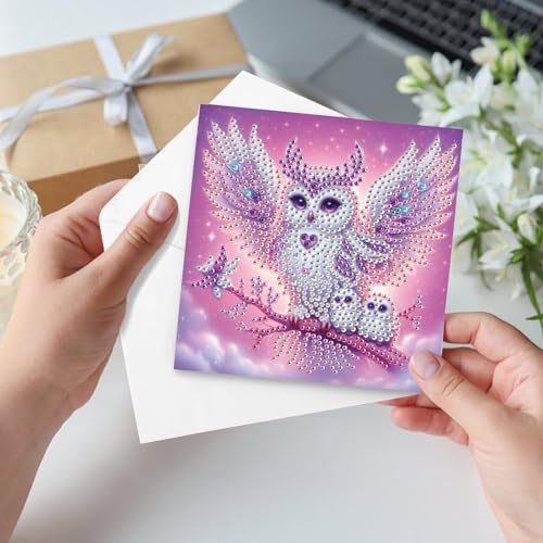 Image of 6 Pack Diamond Art Greeting Card Kits with Envelopes, Special Shaped Diamond Painting Cards, DIY Rhinestone Diamond Art Cards for Birthday Christmas Mother Day (Owl Mother and Owlet, 30x15cm)