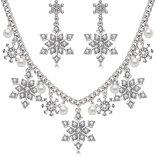 BKEPDY Juego de Joyas de Navidad con Collar Personalizado Colgante de Copo de Nieve y Pendientes de Navidad Brillantes para Mujer Adornos Navideños para las Fiestas (Plata-1)