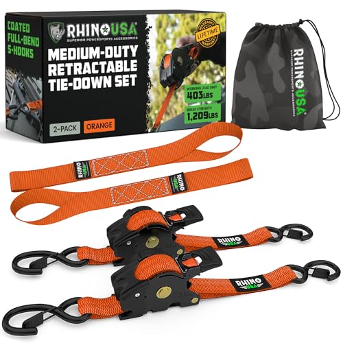 Image of Rhino USA Retractable Ratchet Straps (2-Pack) - 1 Inch x 10 Feet (1,209lb Break Strength) - Auto Self Retracting Tie Down Straps for Truck, Cargo Trailer, Motorcycle, ATV, UTV - Orange
