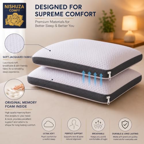 Image of Premium Knitted Fabric Memory Foam Bed Pillow, Standard Size 25 x 16 Inches, Set of 2, Orthopedic Neck Support Pillow with Removable Washable Zipper Cover, White