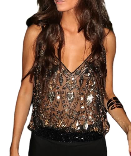 Women Sequin Top Sleeveless Sparkly Shimmer Sheer Camisole Rave Festival Clubwear2