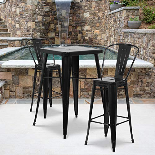 Flash Furniture Commercial Grade 23.75" Square Black Metal Indoor-Outdoor Bar Table Set with 2 Stools with Backs - Thumbnail 3
