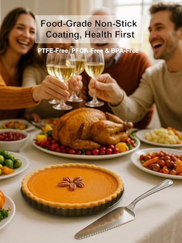 Image of 9 Inch Quiche Tart Pans with Pie Cake Server. Removable Bottom, Non-Stick Coating, Rugged Carbon Steel for Tart Quiche Baking. Gift for Women Wife Christmas Thanksgiving Party Festival Family