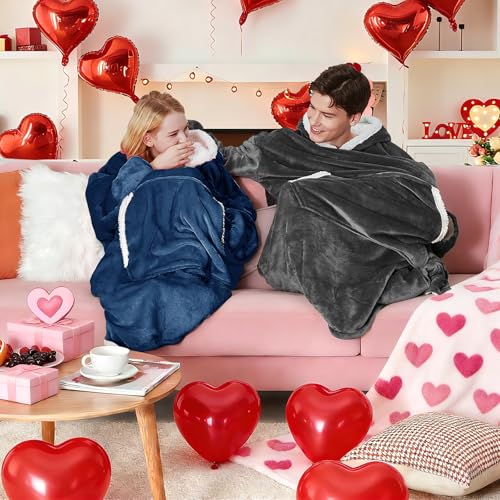 yescool Sherpa-Lined Wearable Blanket Hoodie, Navy Blue (Oversized) — view 2