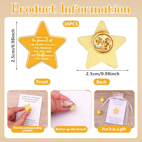 Pines de solapa de estrella dorada con tarjetas de agradecimiento para empleados (Pack de 30) 2