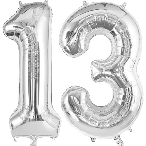 TOTAFAM 13 Balloon Numbers Large 13 or 31 Foil Balloons Big Number Balloon 40 Inch for 13th Birthday Anniversary Event Celebration Party Decorations Silver